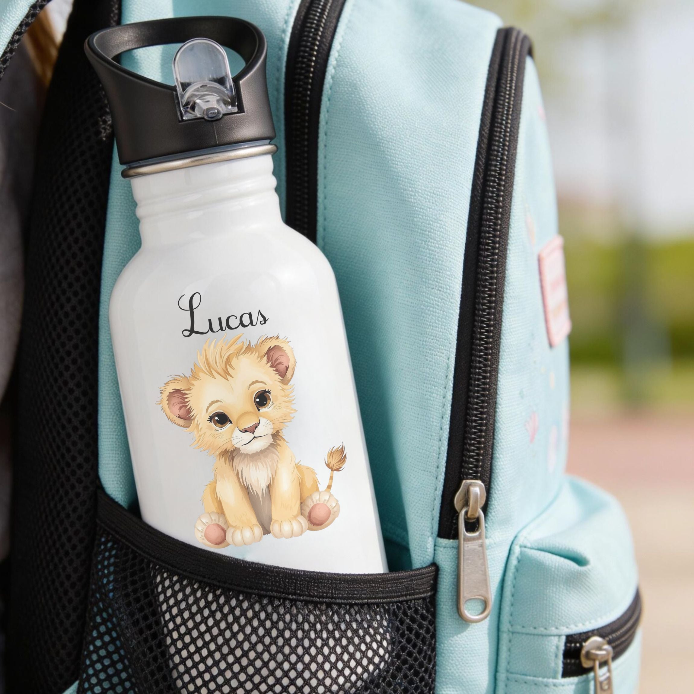 gourde ecole enfant personnalisé au prenom et motif animaux de la savane
