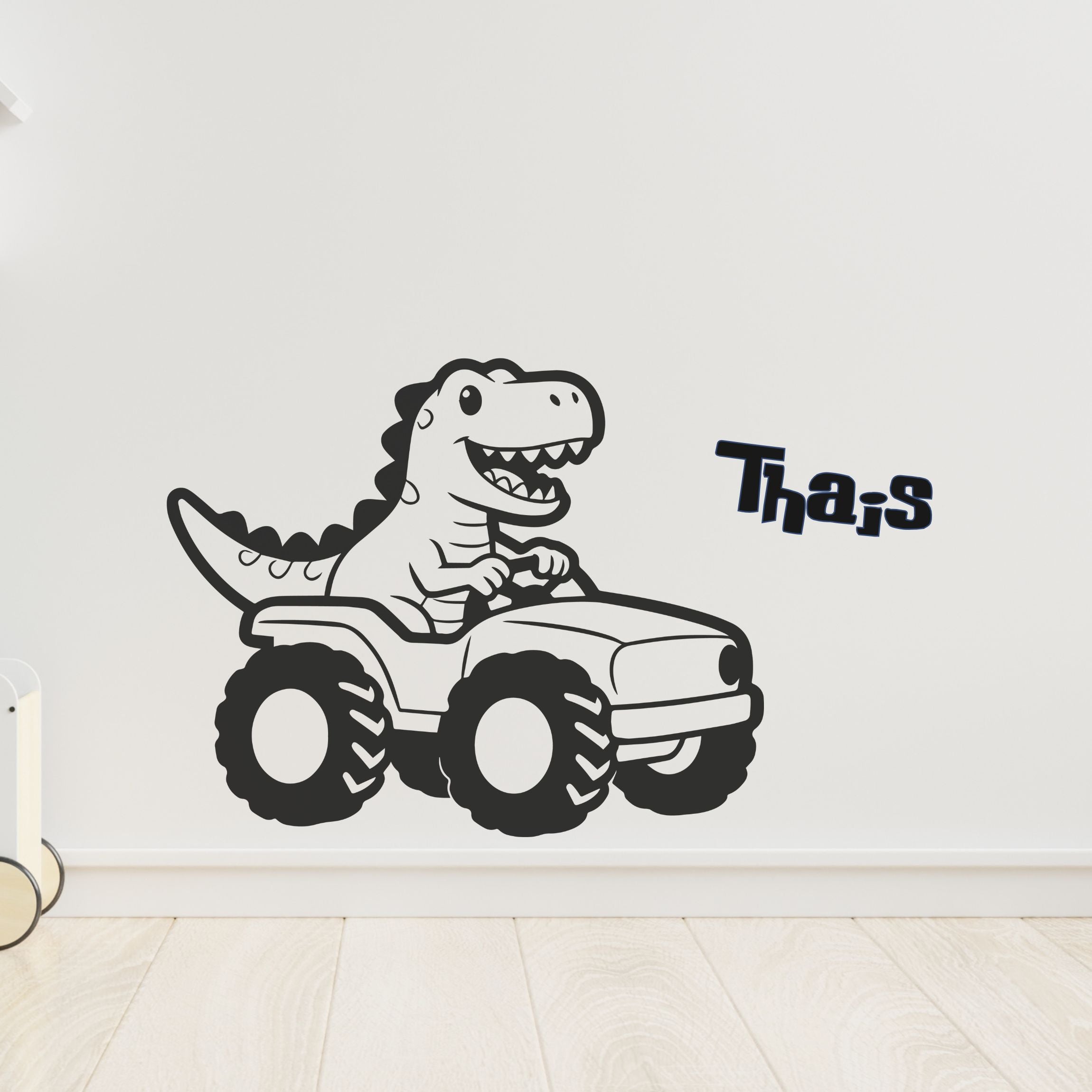 Sticker mural dinosaure T-Rex personnalisé conduisant un 4x4 pour chambre enfant
